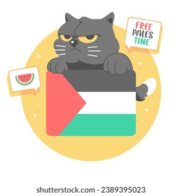 black cat with palestina flag cartoon