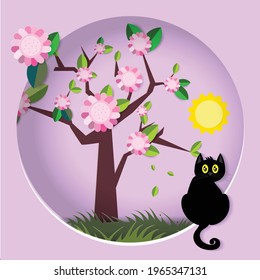 Black Cat with Paper art trees, flowers, lawns and the sun.