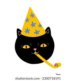 Black Cat In The Party Hat Blowing Birthday Pipe