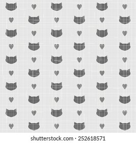 Black cat pattern with hearts. Vintage textured fabric. Seamless texture. Vector.