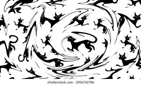 Black cat pattern image with liquid effects on white base background