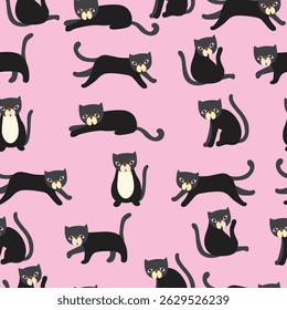 Black cat pattern on pink background. Seamless pattern background.