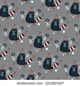 black cat pattern sitting among the flowers. The black cat has a fat body. Around him are black and red flowers