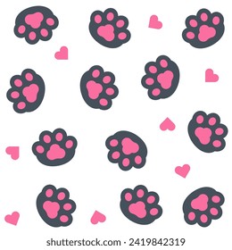 Black Cat Paw seamless Pattern Adorable Feline Prints for Your Creative Delight and heart symbol