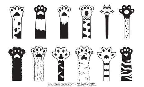 Patas de gato negro. Caricatura tierno peto, piernas gatitas estampado decorativo para esténciles de pared o pegatinas. Decoración interior animal, doodle kitprint conjunto de vector con clase