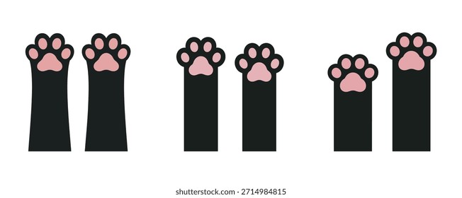 Patas de gato negro y frijoles de dedo del pie rosado Set, linda Ilustración vectorial de impresión de pata de gatito