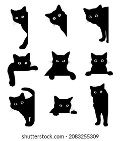 Black cat peeking out of corner set vector flat illustration. Collection funny looking feline with mustache and tail isolated. Comic emotional domestic animal with paw spy, hiding, hunting or playing