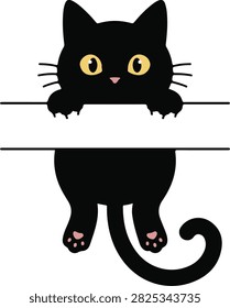 Black cat peeking over a ledge with glowing yellow eyes Vector