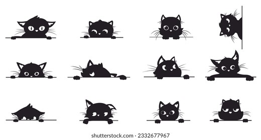 Black cat peeking, spy cats pets from corner. Creative kitty graphic silhouettes with big eyes. Peek kittens, looking and playful snugly vector stickers