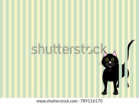 Black cat peeking through a stripey background