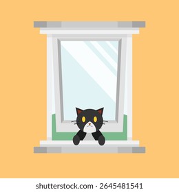 black cat peeking through the window. cat trying to get into the house. a black cat sitting on a windowsill. 