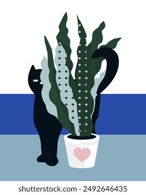 Black cat peeks out from behind the leaves. A pet and a flower in a pot poster. Flat vector illustration.