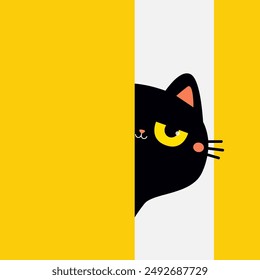Die schwarze Katze guckt hinter der Wand hervor. Kätzchen, leeres Schild. Nettes Cartoon lustiges Kätzchen, das sich hinter einer Papierwand versteckt. Frohe Halloween Banner Vorlage. Flaches Design. Gelber Hintergrund. Vektorgrafik