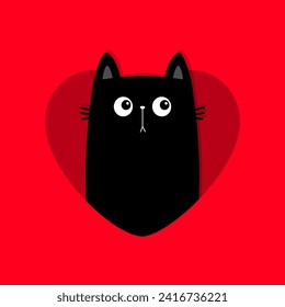 Black cat peeks out of a heart hole. Happy Valentines day. Kitten in heart. Kitty kitten silhouette. Cute cartoon kawaii funny baby character. Sad face. Red background. Flat design. Isolated. Vector