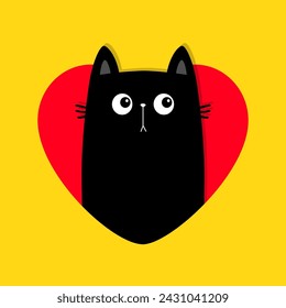 Black cat peeks out of a red heart hole. Happy Valentines day. Kitten in heart. Kitty kitten silhouette. Cute cartoon kawaii funny baby character. Sad face. Flat design. Yellow background. Vector