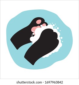 black cat pet cleans paws with soap for cleanliness, to maintain health, black cat's paws in foam bubbles on a blue background, emblem, sign, vector illustration graphic
