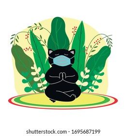 black cat pet sitting on the rug of the house among plants with leaves and red berries, doing yoga, meditating, relaxing, wearing a medical mask on the cat's face that protects against the virus, vect