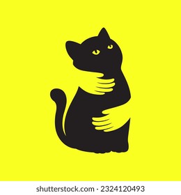 black cat pets hug hand lover simple mascot modern minimal logo vector icon illustration