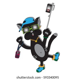 Black cat with a phone and a selfie stick. An animal in a cap and gym shoes. Freehand sketch. Bright, creative illustration.
