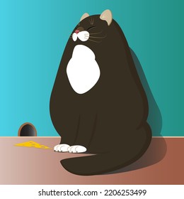 a black cat with a piece of cheese is waiting for a mouse at the hole
