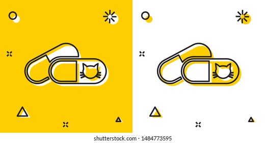 Black Cat and pills icon isolated on yellow and white background. Prescription medicine for animal. Random dynamic shapes. Vector Illustration