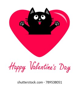 Black cat and pink heart icon. Cute funny cartoon character. Happy Valentines day text. Kitty ready for a hug. Tongue, paw print. Whisker Baby pet collection. White background. Flat design. Vector
