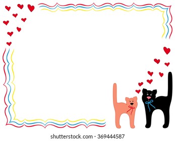 Black Cat and Pink Kitty in Love, hand drawing vector cartoon Valentine greeting card