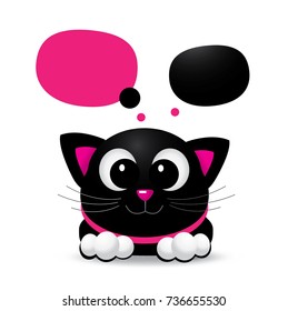 Gato negro con nariz rosa y burbujas de habla - brillante diseño de dibujos animados