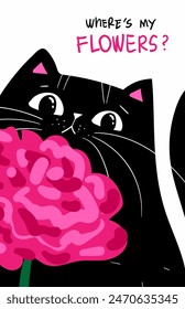 Schwarze Katze mit rosa Pfingstrosenblume. Vektorillustration. Wo ist mein Blumentext. Traurige Katze, sarkastische Grußkarte. Tierdruck. Rätselhaft aussehendes Katzengesicht.