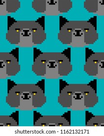 Black cat pixel art pattern seamless. 8 bit Digital home pet background. Vector ornament