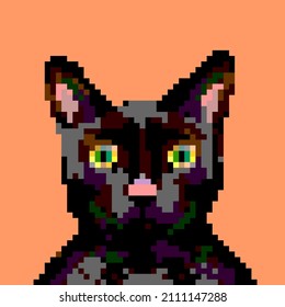 Black cat pixel art portrait isolated on sandy brown color backdrop, Vector illustration for website, print and game pixel cyberpunk black cat avatar yellow green eyes looking straight, pink nose