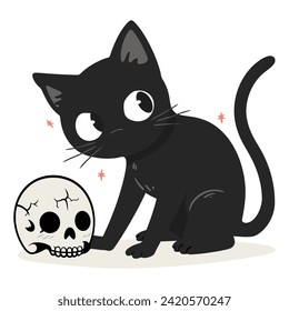  Black Cat Play with Skull - Conjuring an Aura of Mysterious Playfulness. Flat Vector Illustration 