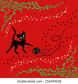 Black cat playing with ball of yarn over red, hand drawing vector illustration