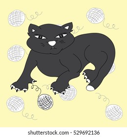 Black cat is playing with clews. Bright illustration on a yellow background. Freehand sketch.