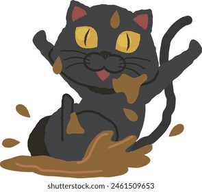 
Black cat playing happily in a mud puddle