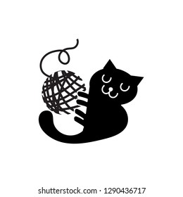 Black cat playing with yarn ball black and white cartoon vector illustration