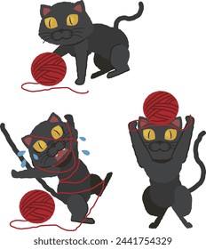 Black cat playing with yarn, picking it up, getting tangled and panicking