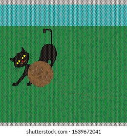 Black cat plays with a ball of thread on a green meadow, vector image, stylization as a woven material, seamless pattern