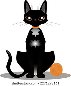 a black cat plays with an orange ball of yarn, with expressive amber eyes
