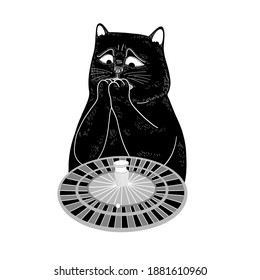 Black cat plays roulette and hopes to win. Cazino game. Vector funny cartoon characters isolated on white background
