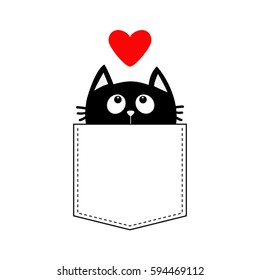 Black cat in the pocket looking up to red heart. T-shirt design. Cute cartoon character. Kawaii animal. Love Greeting card. Flat design style. White background. Isolated. Vector illustration svg