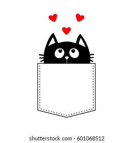 Black cat in the pocket looking up to three red heart set. T-shirt design. Cute cartoon character. Kawaii animal. Love Greeting card. Flat design style. White background. Isolated. Vector illustration svg