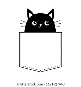 Black cat in the pocket. Moustaches. Cute cartoon animals. Kitten kitty character. Dash line. Pet animal collection. White and black color. T-shirt design. Baby background. Isolated. Flat Vector