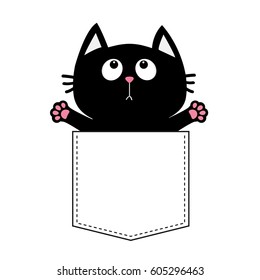Black cat in the pocket ready for a hugging. T-shirt design. Open hand paw print. Kitty reaching for a hug Funny Baby card. Cute cartoon character Pet collection Flat White background. Isolated Vector svg