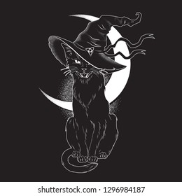 Black cat and pointy witch hat line art   dot work  Wiccan familiar spirit  halloween pagan witchcraft theme tapestry print design vector illustration