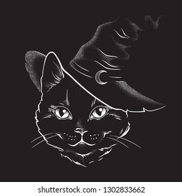 Black cat with pointy witch hat line art and dot work. Wiccan familiar spirit, halloween or pagan witchcraft theme tapestry print design vector illustration