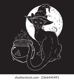 Black cat with pointy witch hat line art and dot work. Witch familiar spirit, halloween or pagan witchcraft theme tapestry print design vector illustration