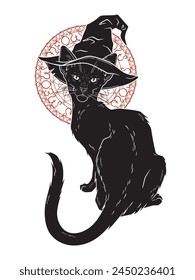 Black cat with pointy witch hat line art and dot work. Witch familiar spirit, halloween or pagan witchcraft theme tapestry print design vector illustration