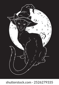 Black cat with pointy witch hat line art and dot work. Witch familiar spirit, halloween or pagan witchcraft theme tapestry print design vector illustration