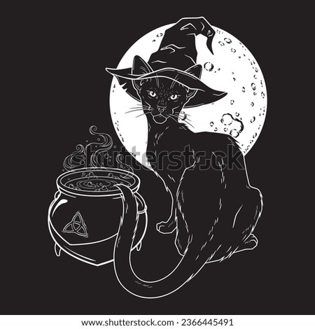 Black cat with pointy witch hat line art and dot work. Witch familiar spirit, halloween or pagan witchcraft theme tapestry print design vector illustration